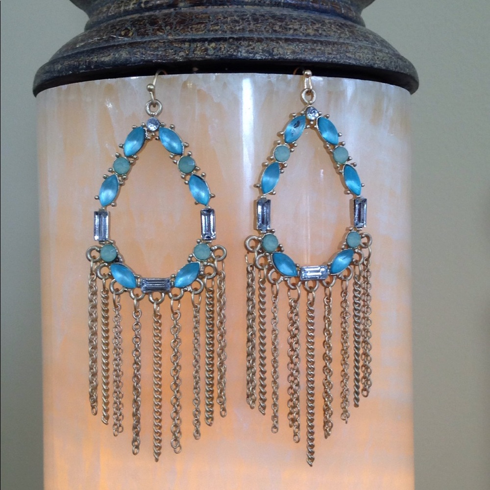 NEW Dangling Chains Earrings Turquoise Dazzling Jeweled Blue Crystals Goldtone - Picture 6 of 10